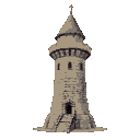 a side view of a tall medieval wizard tower with wide rooftop and made of brick, entrance is after a flight of stairs