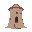 a side view of medieval wizard tower with wide rooftop and made of brick, entrance is after a flight of stairs