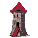a side view of a stylized, game-like,  tall medieval wizard tower with wide rooftop and made of brick, entrance is after a flight of stairs, best pixel art, masterful dithering