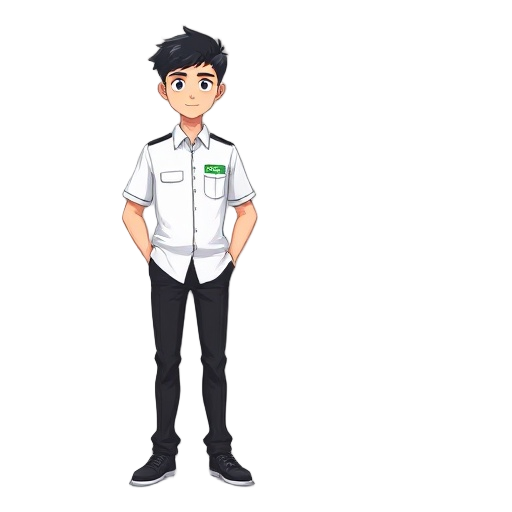generate a male character wearing a ptc school uniform. his outfit is a white uniform with black pants, and the word 'ptc' is written in green on just one pocket."