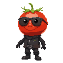 tomatoe headed pilot, with pilot shades glasses, dark clothing, green tuff of plant stem, smile