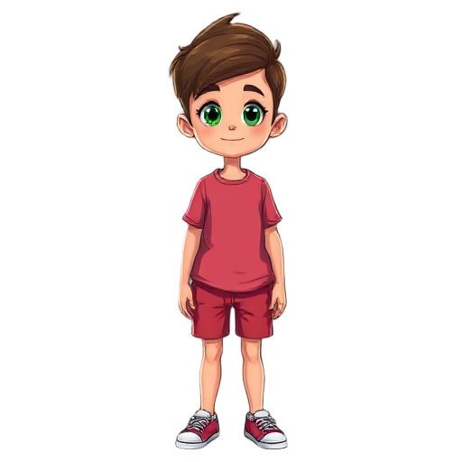 uma criança de 14 anos, com uma camisa rosa e bermuda preta, com cabelo loiro e olhos verdes