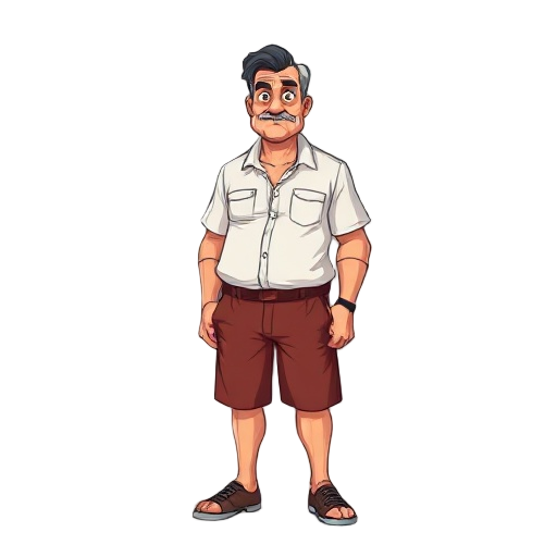 um velho alto de 46 anos, com uma camisa branca e bermuda preta, com cabelo preto e olhos castanhos