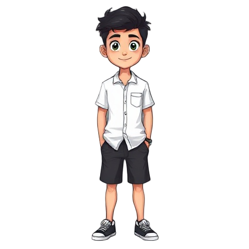 um jovem de 15 anos, com uma camisa branca e bermuda preta, com cabelo preto e olhos castanhos