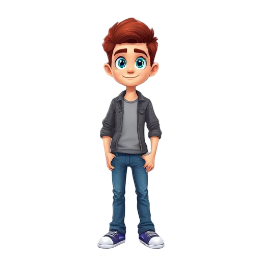 um jovem de 15 anos, com uma blusa cinza e calça jeans azul escuro, com cabelo vermelho e olhos azuis