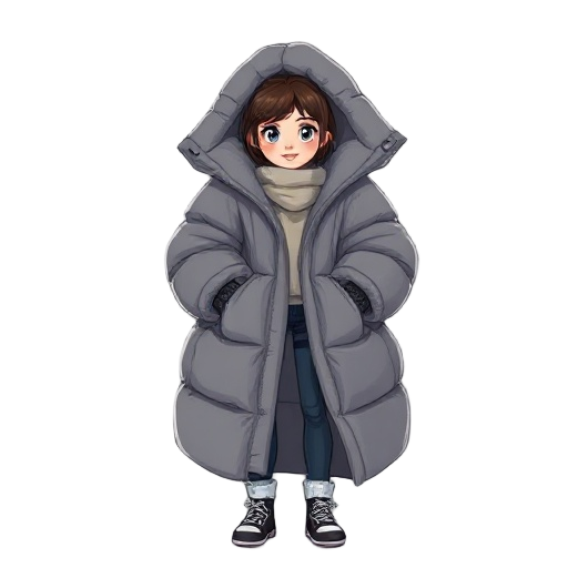 ragazza giovane indossa un enorme puffy coat grigio scuro molto imbottito oversize che arriva fino al pavimento e nasconde un altra ragazza avvolgendola dentro 