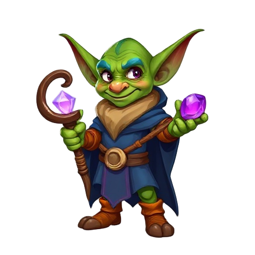 a good hearted goblin mage with rich green skin and pointy upfacing ears. he is holding a wooden staff which curls around a glowing purple gem, and wearing a blue cloak and orange boots.