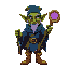 a good hearted goblin mage with rich green skin and pointy upfacing ears. he is holding a wooden staff which curls around a glowing purple gem, and wearing a blue cloak and orange boots.