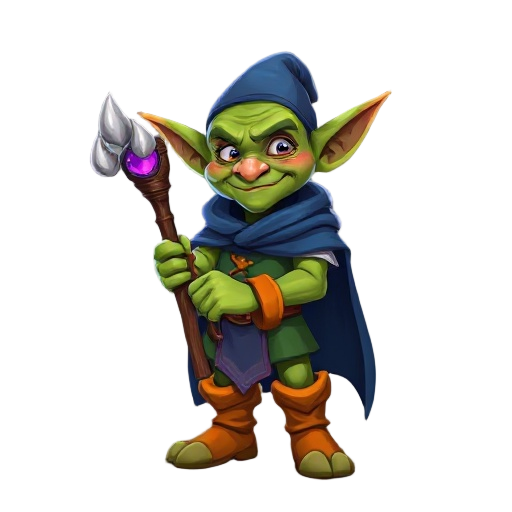 a good hearted goblin mage with rich green skin and pointy upfacing ears. he is holding a wooden staff which curls around a glowing purple gem, and wearing a blue cloak and orange boots.