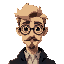 occultist guy blond short hair, round black glasses, moustache goatee dark circles