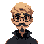 occultist guy blond short hair, round black glasses, moustache goatee dark circles