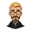 occultist guy blond short hair, round black glasses, moustache goatee beard