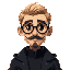 occultist guy blond short hair, round black glasses, moustache goatee dark circles