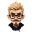 occultist guy blond short hair, round black glasses, moustache goatee dark circles