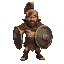 the gladiator is muscled and scarred, with steel-gray eyes, a jagged cheek scar, and wild hair. he wears a bronze helmet, leather armor, and wields a worn gladius and shield—an unstoppable force in th
