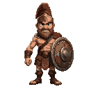 the gladiator is muscled and scarred, with steel-gray eyes, a jagged cheek scar, and wild hair. he wears a bronze helmet, leather armor, and wields a worn gladius and shield—an unstoppable force in th