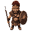 the gladiator is muscled and scarred, with steel-gray eyes, a jagged cheek scar, and wild hair. he wears a bronze helmet, leather armor, and wields a worn gladius and shield—an unstoppable force in th