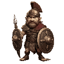 the gladiator is muscled and scarred, with steel-gray eyes, a jagged cheek scar, and wild hair. he wears a bronze helmet, leather armor, and wields a worn gladius and shield—an unstoppable force in th