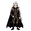 vampire prince with long white hair wearing elegant black and gold clothing,