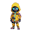 cyberpunk soldier, colorful, yellow jacket, pink, lightblue, hood, shadow face, bright eyes