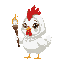 cute white hen with white hood that has a chicken comb on top of the hood holding a torch