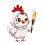 cute white hen with white hood that has a chicken comb on top of the hood holding a torch