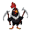 black angry rooster holding a scythe wearing a white hood make his body wider no red comb on top of his head