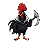 black angry rooster holding a scythe wearing a white hood make his body wider no red comb on top of his head