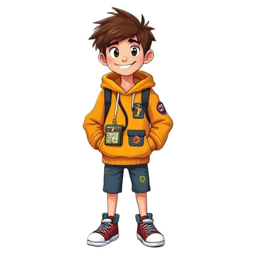 male kid, 10–12, messy hair, bright hoodie, sneakers, token pouch, mischievous grin. arcade patches on backpack, ticket stubs in pocket.