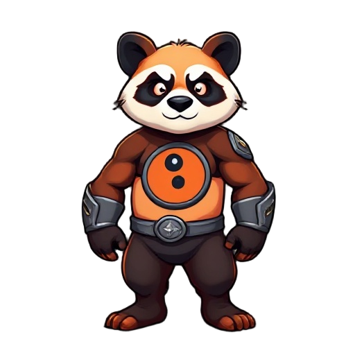 un panda con un circulo de yin yang en el pecho que sea un panda rudo con musculo y tenga los ojos dorados y armadura de diamante roja