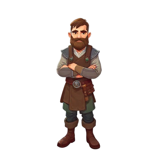 masterpiece, best quality, detailed), character design sheet of a fantasy blacksmith named andre, concept art, full body view, simple neutral standing pose, plain white background.  inspired by andre 
