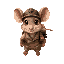 a young mouse with soft, expressive features (large eyes, rounded ears) wearing a worn, beige army uniform and a small steel helmet. backpack with a leather strap, binoculars and a journal.