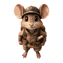 a young mouse with soft, expressive features (large eyes, rounded ears) wearing a worn, beige army uniform and a small steel helmet. backpack with a leather strap, binoculars and a journal.