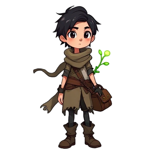 the main character is slim, with short dark hair, layered scavenger clothes, a torn flowing scarf, and worn boots. calm face, soft eyes. carries a small satchel with a glowing plant sprouting from it.
