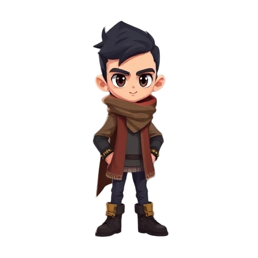 el personaje principal es delgado, con cabello corto y oscuro, ropa de carroñero en capas, una bufanda suelta y rota y botas gastadas., estilo gotico, pixel low poly