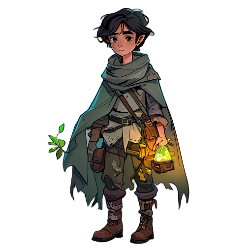 the main character is slim, with short dark hair, layered scavenger clothes, a torn flowing scarf, and worn boots. calm face, soft eyes. carries a small satchel with a glowing plant sprouting from it.