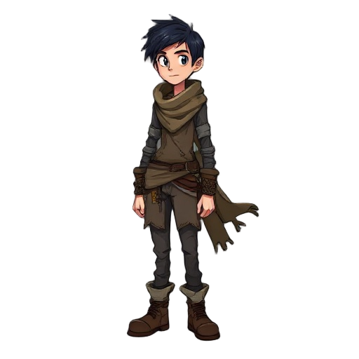 the main character is slim, with short dark hair, layered scavenger clothes, a torn flowing scarf, and worn boots