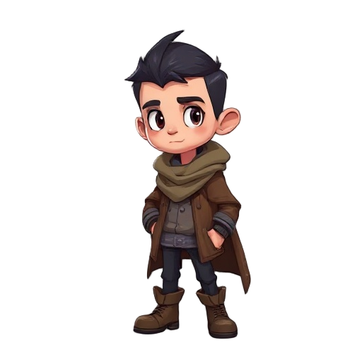  el personaje principal es delgado, con cabello corto y oscuro, ropa de carroñero en capas, una bufanda suelta y rota y botas gastadas., estilo gotico