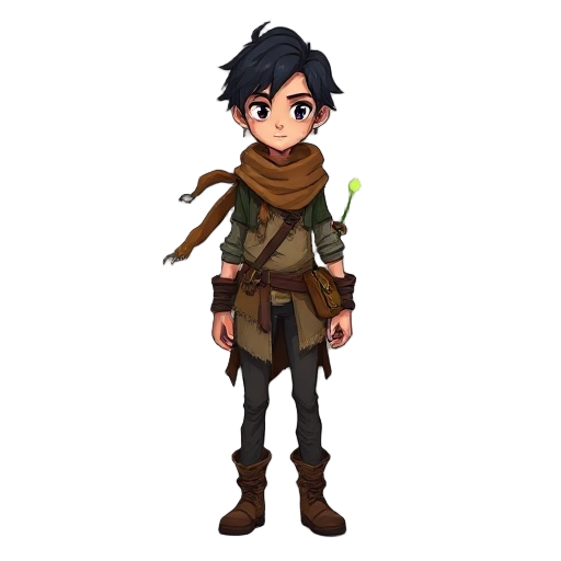 the main character is slim, with short dark hair, layered scavenger clothes, a torn flowing scarf, and worn boots. calm face, soft eyes. carries a small satchel with a glowing plant sprouting from it.