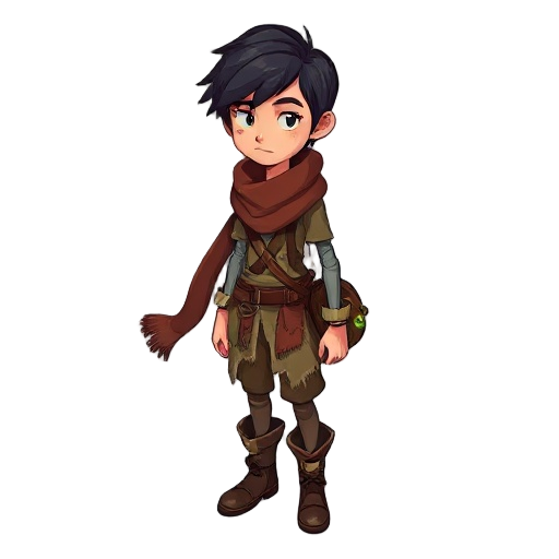 the main character is slim, with short dark hair, layered scavenger clothes, a torn flowing scarf, and worn boots. calm face, soft eyes. carries a small satchel with a glowing plant sprouting from it.