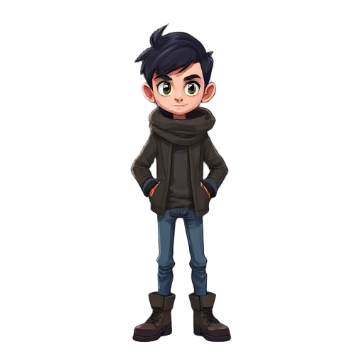  el personaje principal es delgado, con cabello corto y oscuro, ropa de carroñero en capas, una bufanda suelta y rota y botas gastadas.