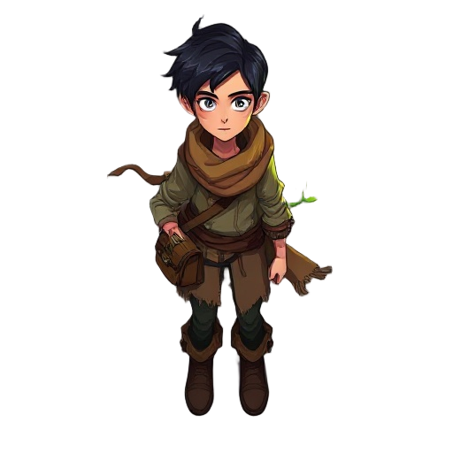 the main character is slim, with short dark hair, layered scavenger clothes, a torn flowing scarf, and worn boots. calm face, soft eyes. carries a small satchel with a glowing plant sprouting from it.