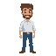 a 20 year old men, blue jeans, white shirt, brown hair, small beard