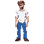 a 20 year old men, blue jeans, white shirt, brown hair, small beard