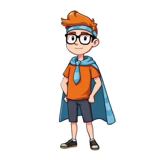 16-bit sprite of a man: ginger hair, glasses, tie headband, orange t-shirt, towel as cape. simple, clear character.