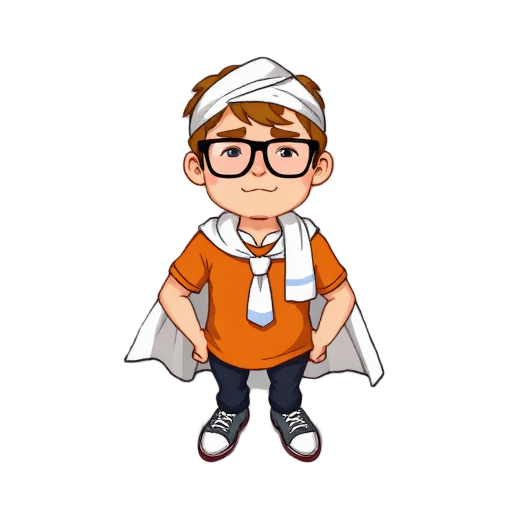16-bit sprite of a man: ginger hair, glasses, tie headband, orange t-shirt, towel as cape. simple, clear character.