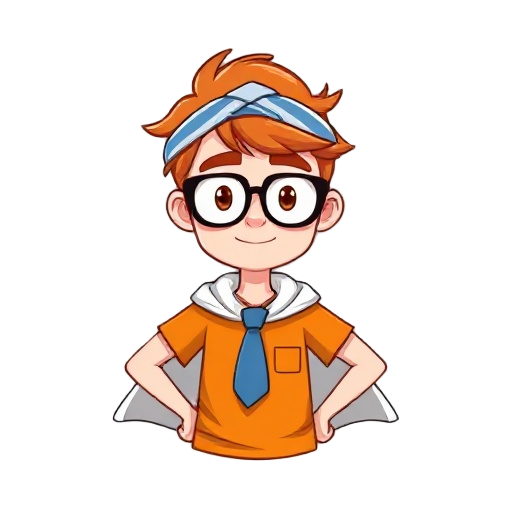 a man: ginger hair, glasses, tie headband, orange t-shirt, towel as cape. simple, clear character.