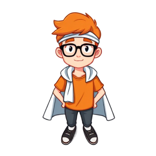 16-bit sprite of a man: ginger hair, glasses, tie headband, orange t-shirt, towel as cape. simple, clear character.