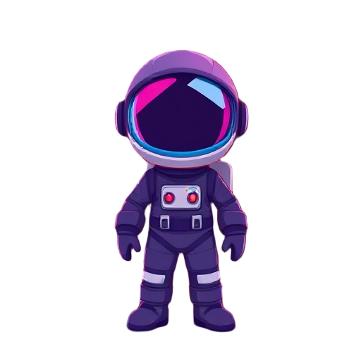 un astronauta morado, con brillo rosa y azul claro en el casco