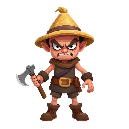 a humanoid character, with a menacing appearance. short, wearing a straw hat and armed with a small stone axe